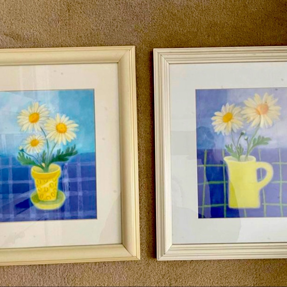 2 Daisy/Floral Prints with White Frames Artist Sue Williams